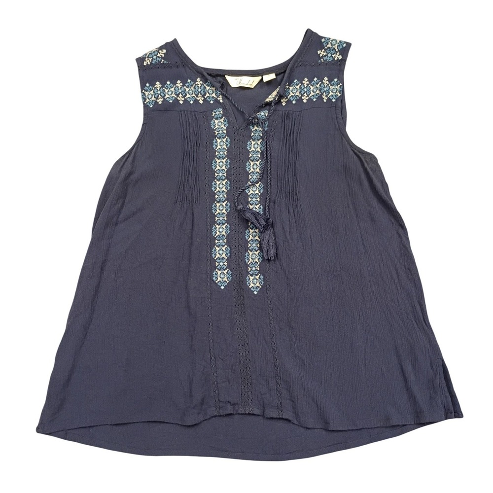 Caffé Marrakesh Embroidered Tank Top Womens Medium Navy Blue Boho Tassel
